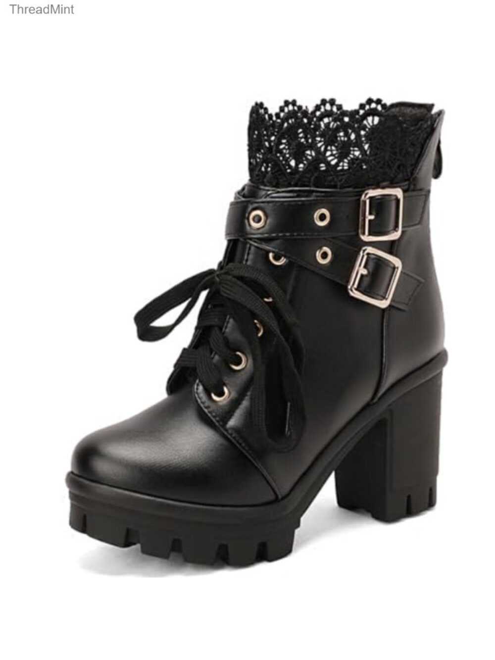 Goth Combat Ankle Booties Platform Chunky Heel PU Leather Buckle Side Zip